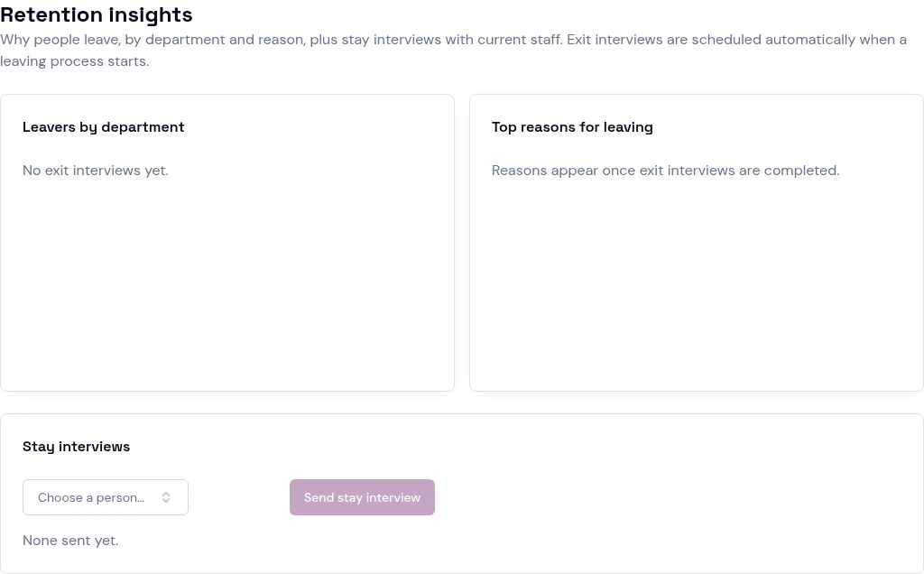 PeopleHarmony retention & absence insights screen with example information.