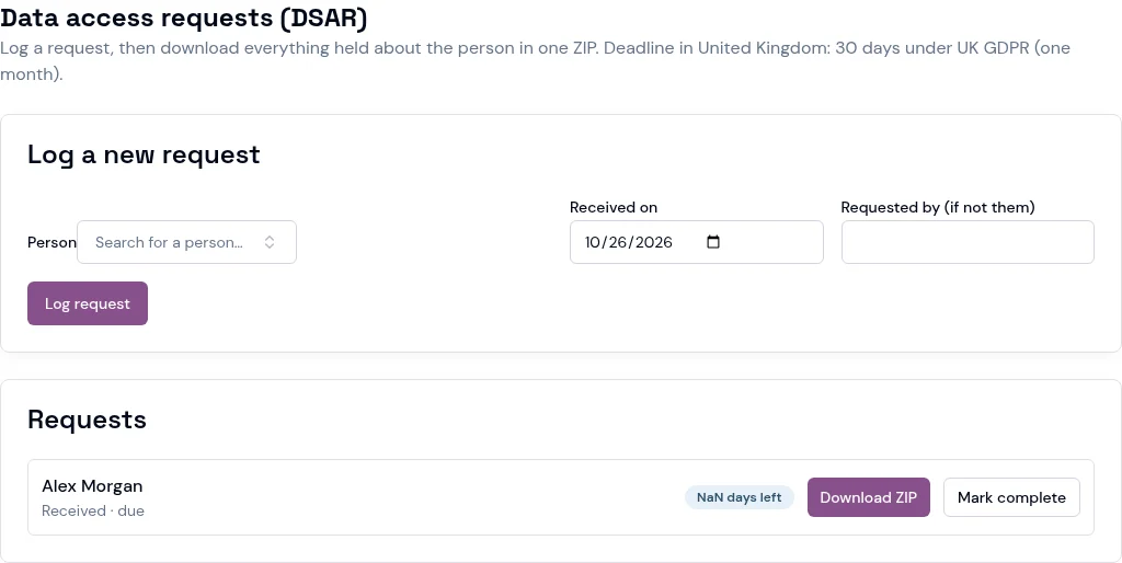 PeopleHarmony dsar tool screen with example information.