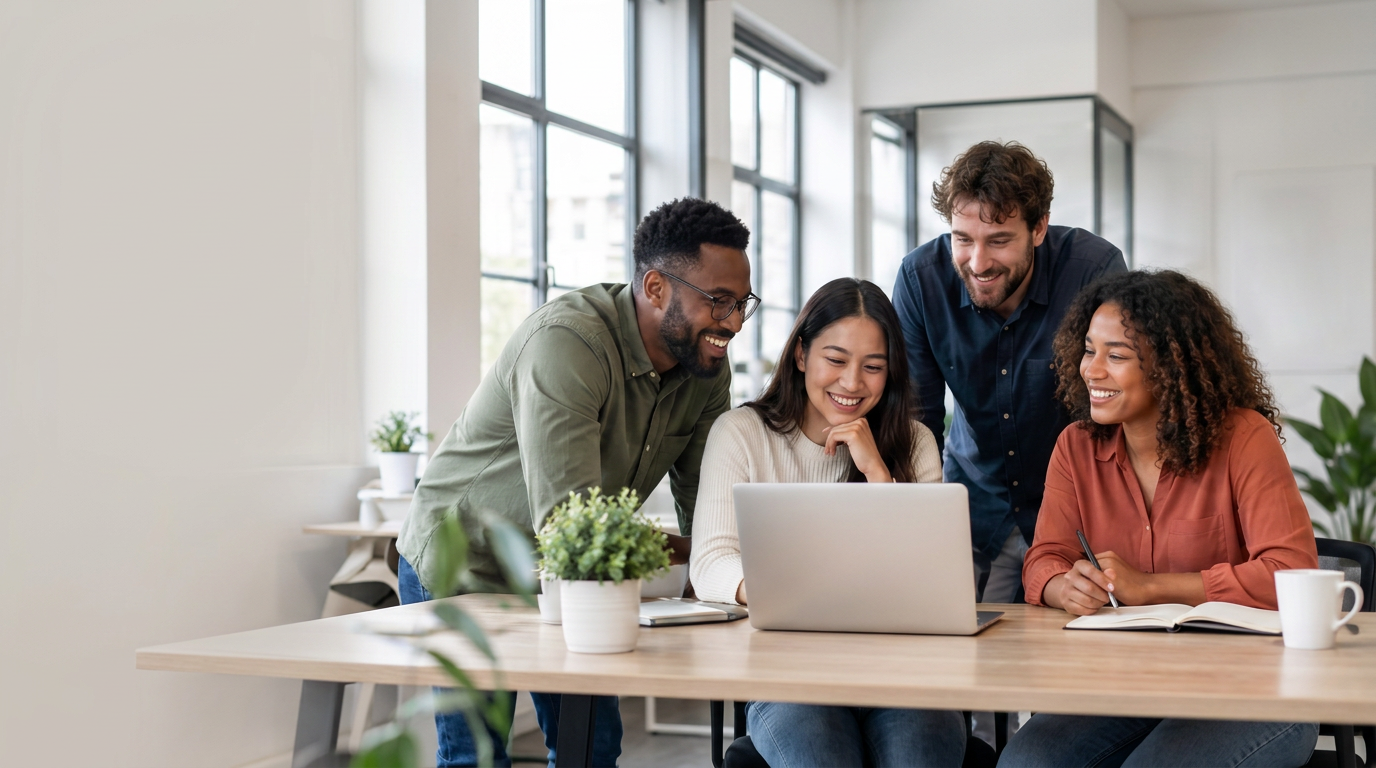 A team working together around a laptop
